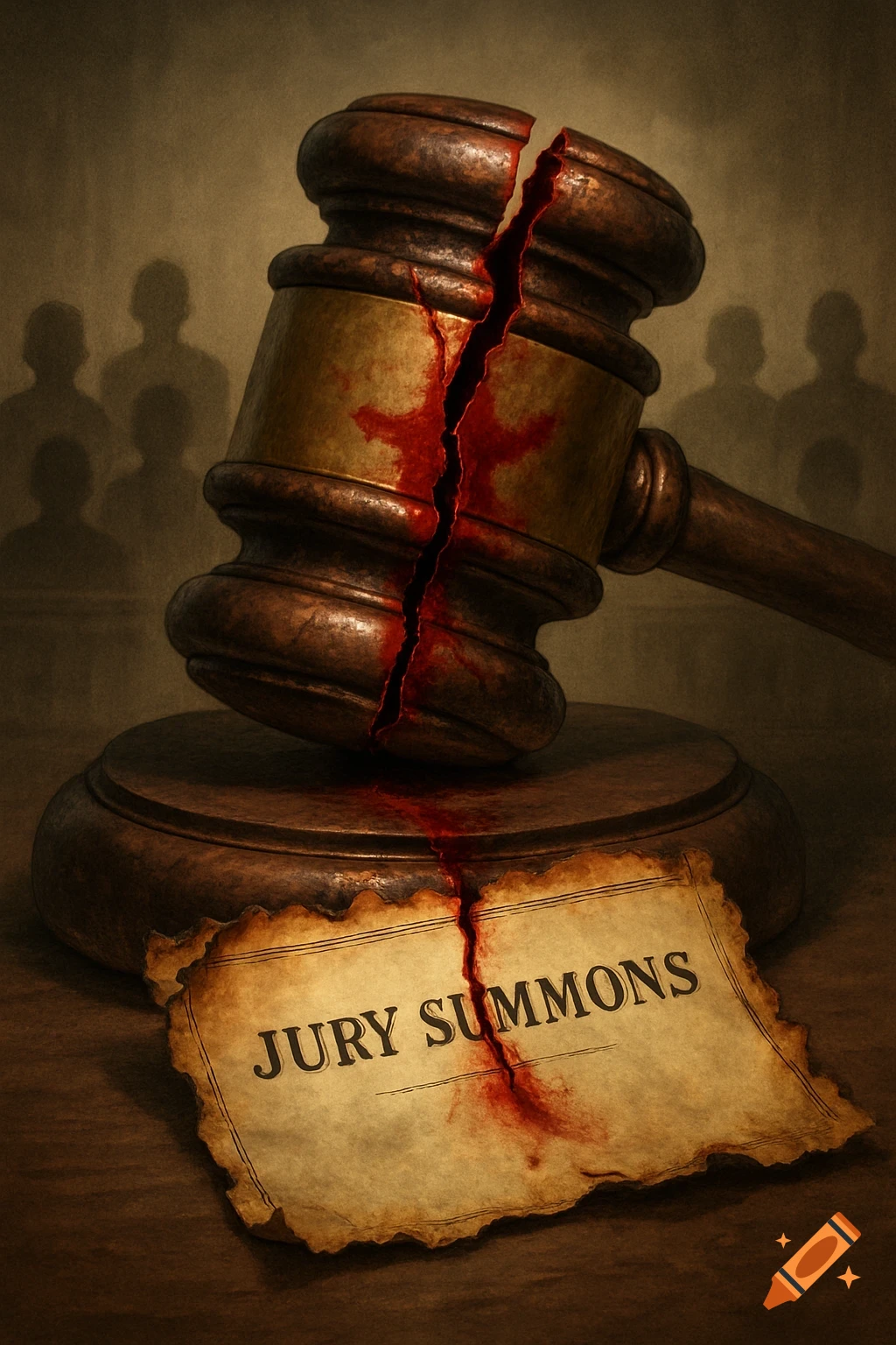 Dramatic illustration of a broken judge's gavel and a bloodstained jury summons.