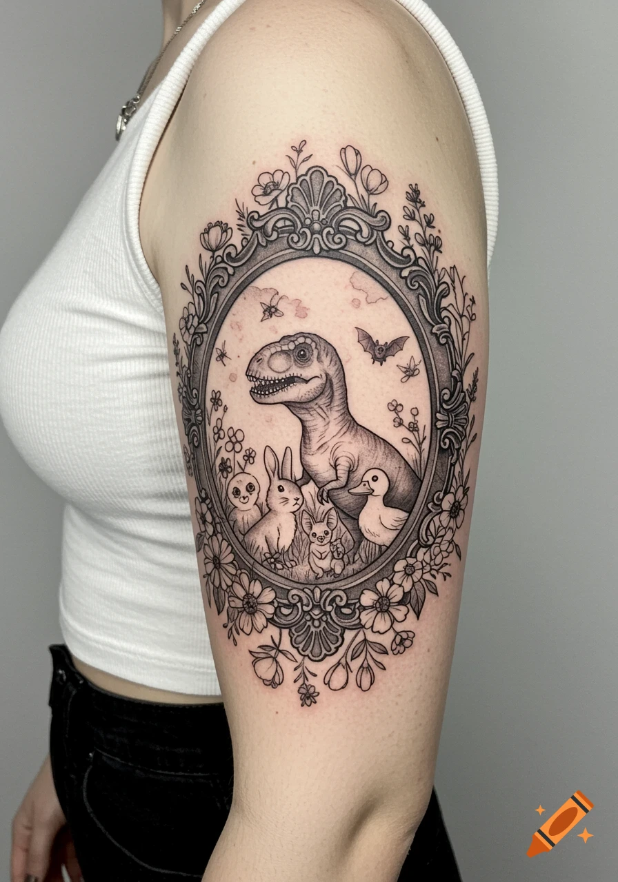 Black and grey tattoo of a T-Rex, bunny, duck, and mouse in a floral vintage frame on an arm.