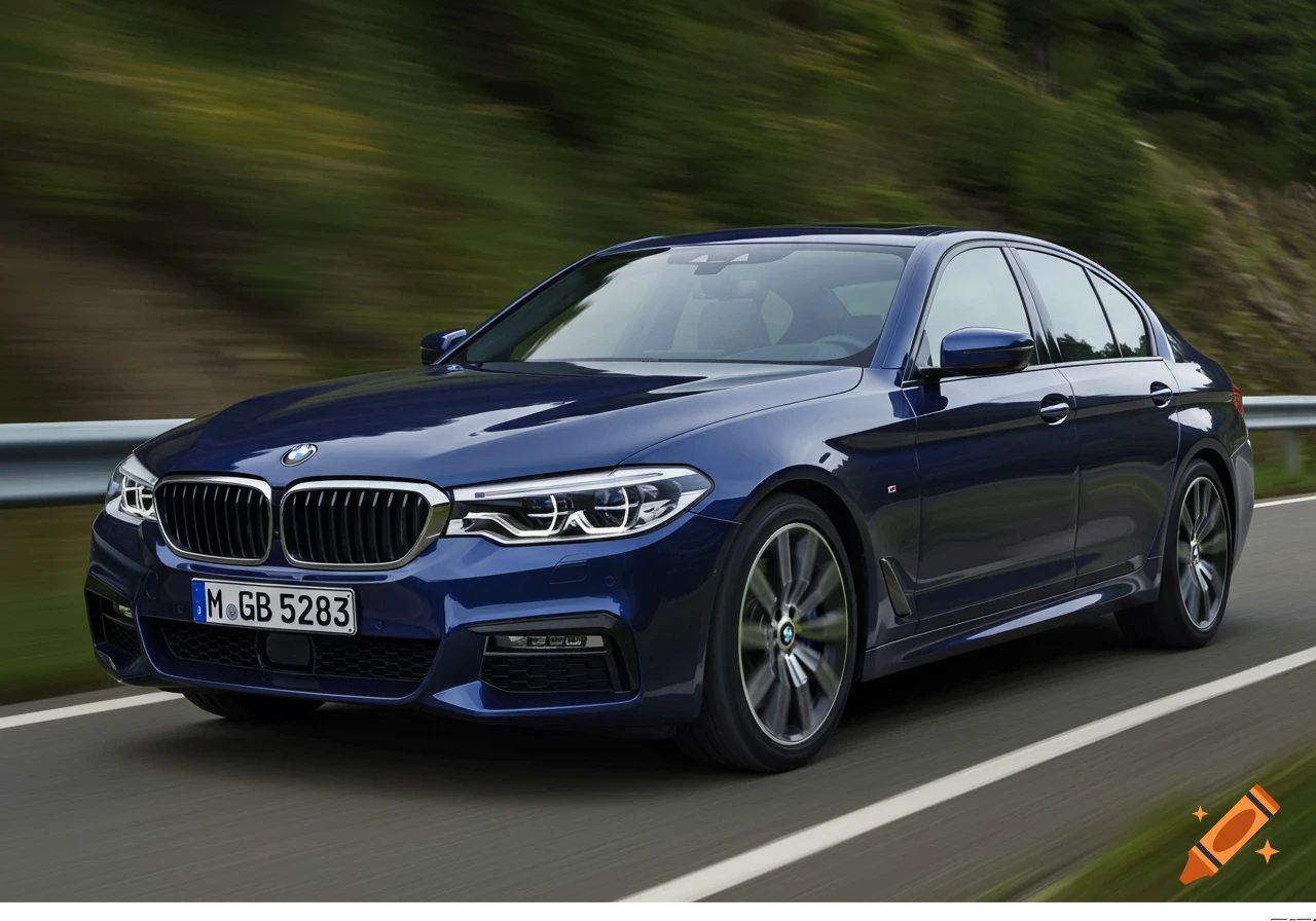 Blue BMW sedan driving on a road