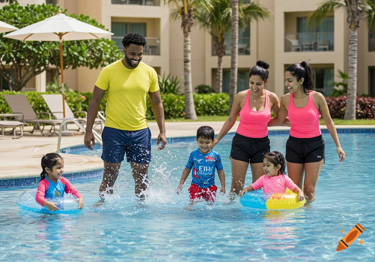 A multiracial family plays and splashes in a swimming pool.