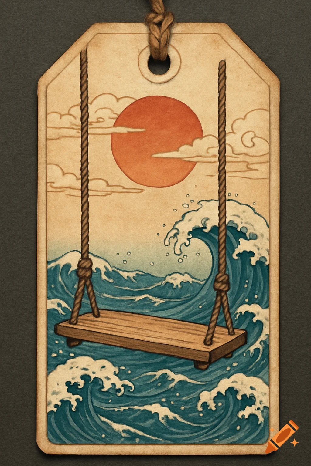 Illustration on a tag of a swing over ocean waves with a sun, in Japanese art style.