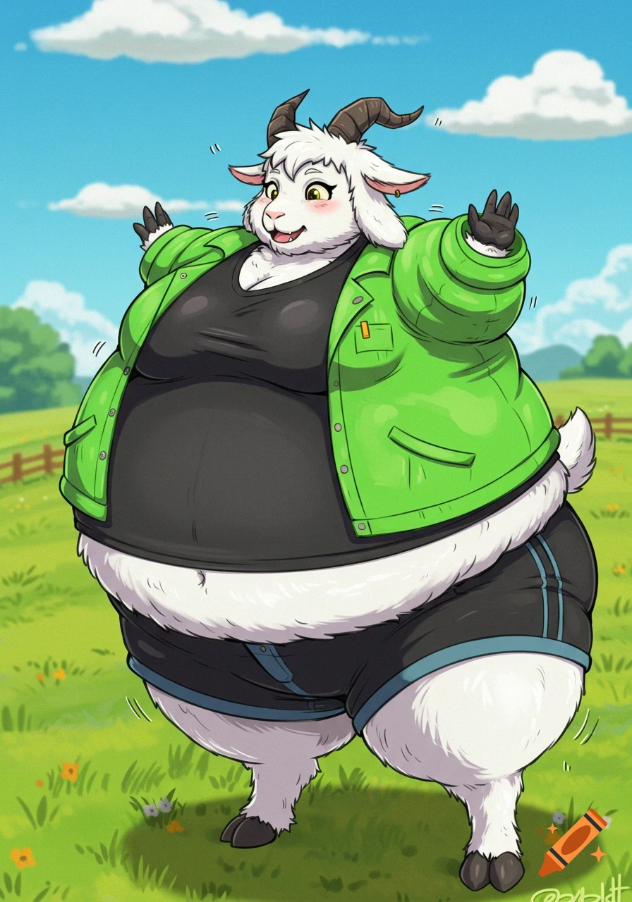 Chubby anthropomorphic goat in green jacket and shorts standing in a field.
