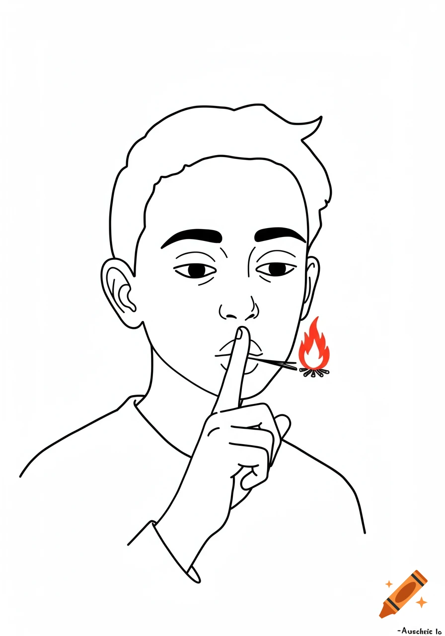 Line drawing of a person shushing with fire on fingertip