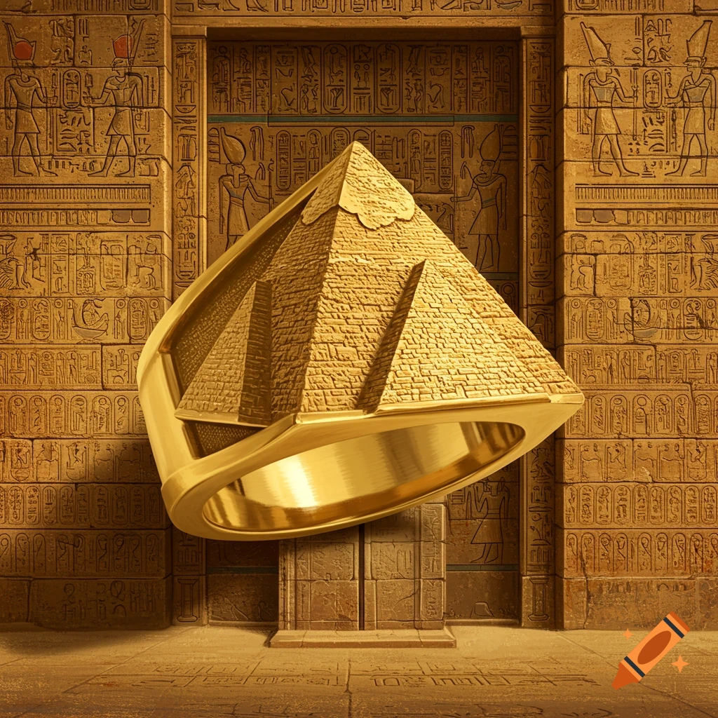 A golden ring with a pyramid design sits before an ancient Egyptian wall covered in hieroglyphs.