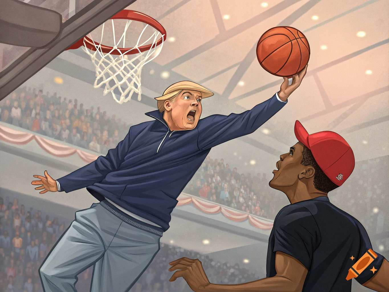 Cartoon illustration of Donald Trump attempting basketball dunk over another player