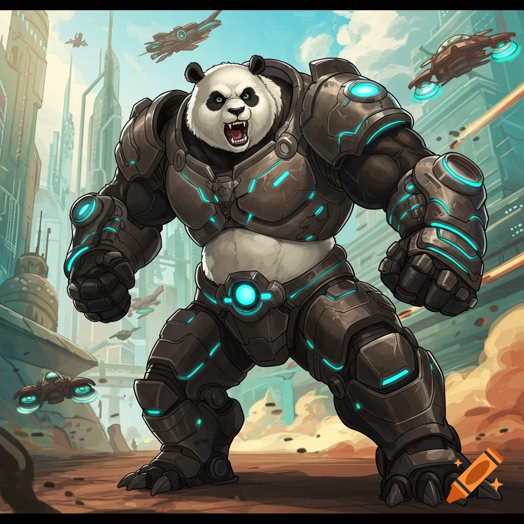 Muscular panda in a futuristic mech suit stands in a city with spaceships.