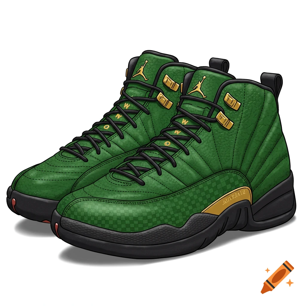 A pair of green, gold, and black Jordan 12 sneakers with checkerboard texture.