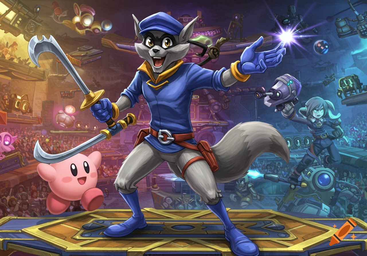 Sly Cooper stands in a fighting arena with Kirby and other characters from the Smash Bros universe.