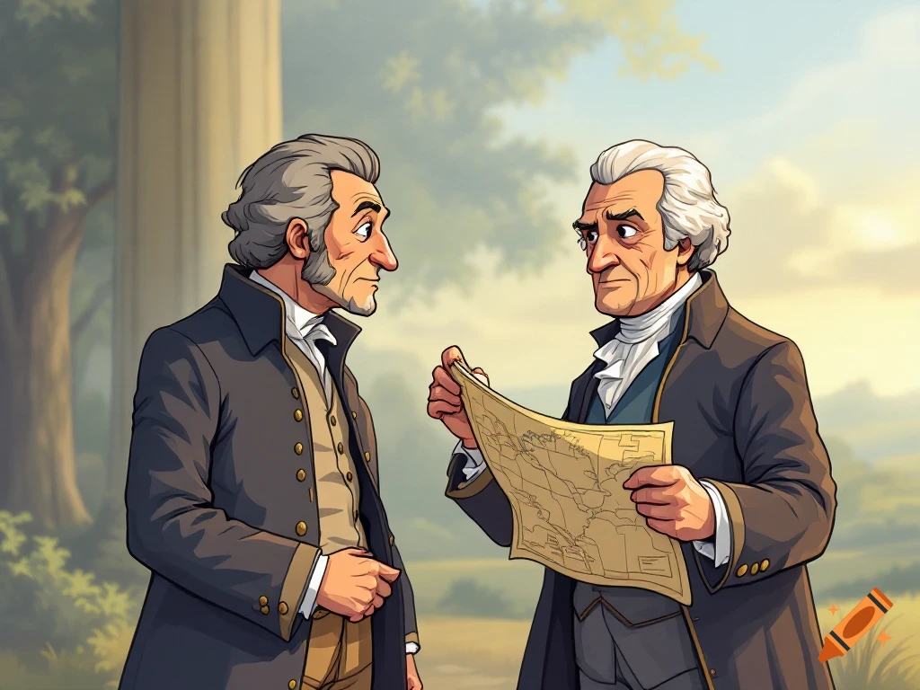 Cartoon of two men in historical clothes looking at a map outdoors.