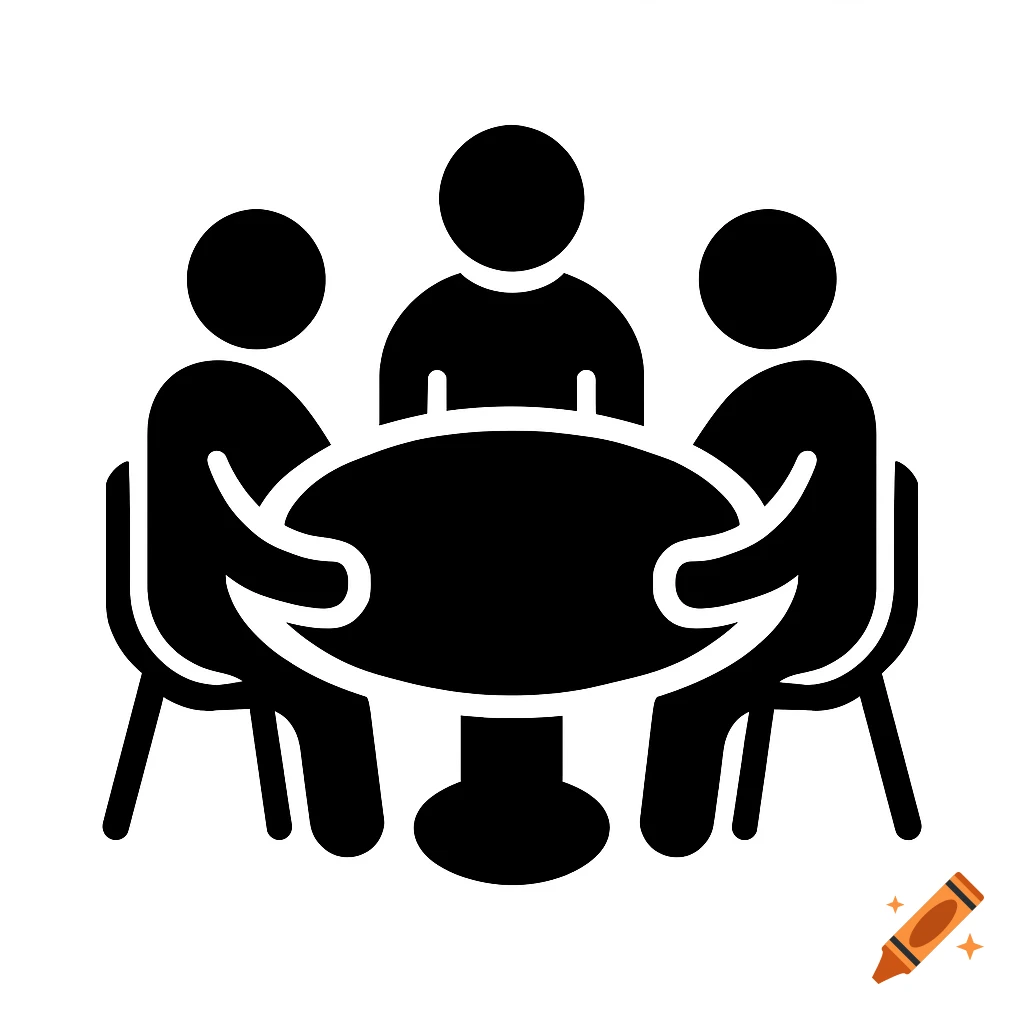 A black and white icon graphic of three people sitting around a table.