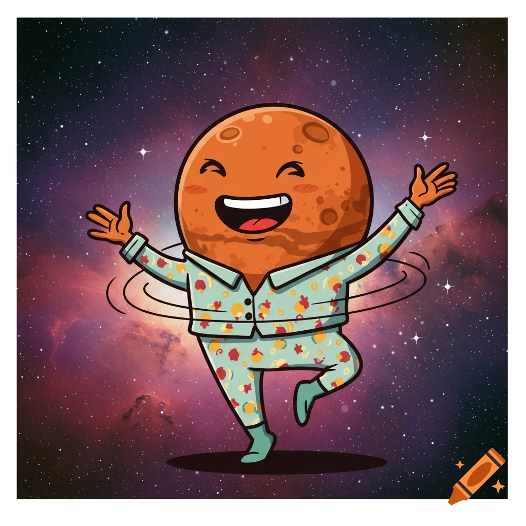 Cartoon planet character dancing in pajamas in space.