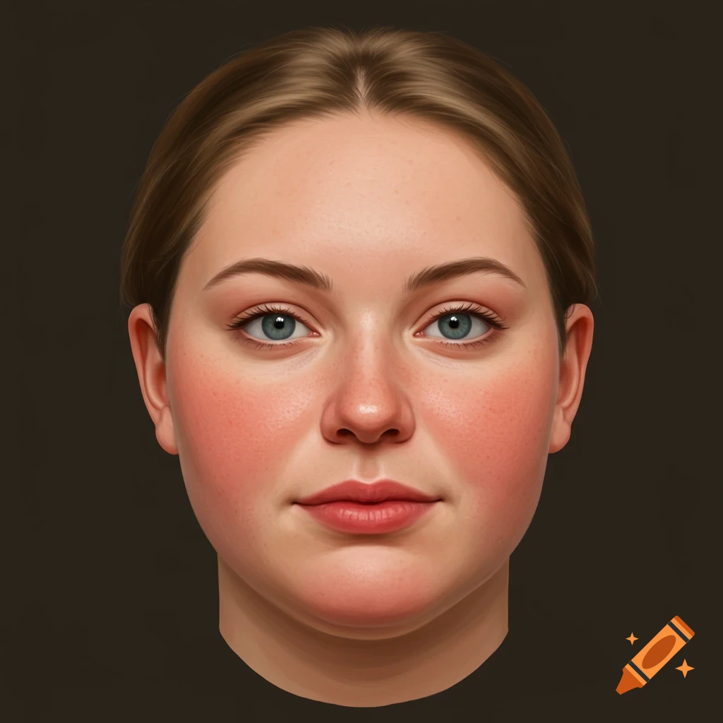 Detailed digital painting headshot of a young woman with blue eyes and rosy cheeks.