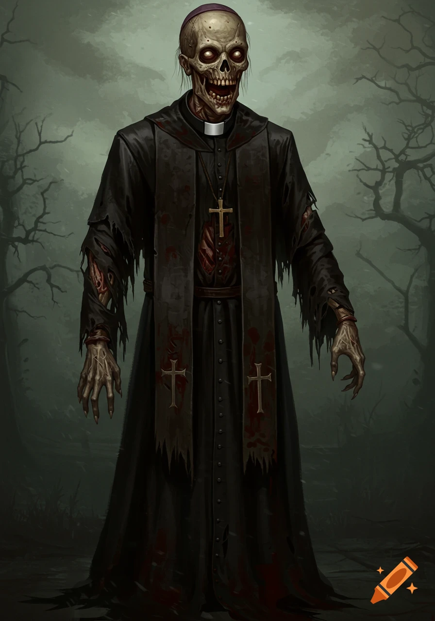 A zombie priest in tattered black robes with exposed ribs stands in a misty forest background.