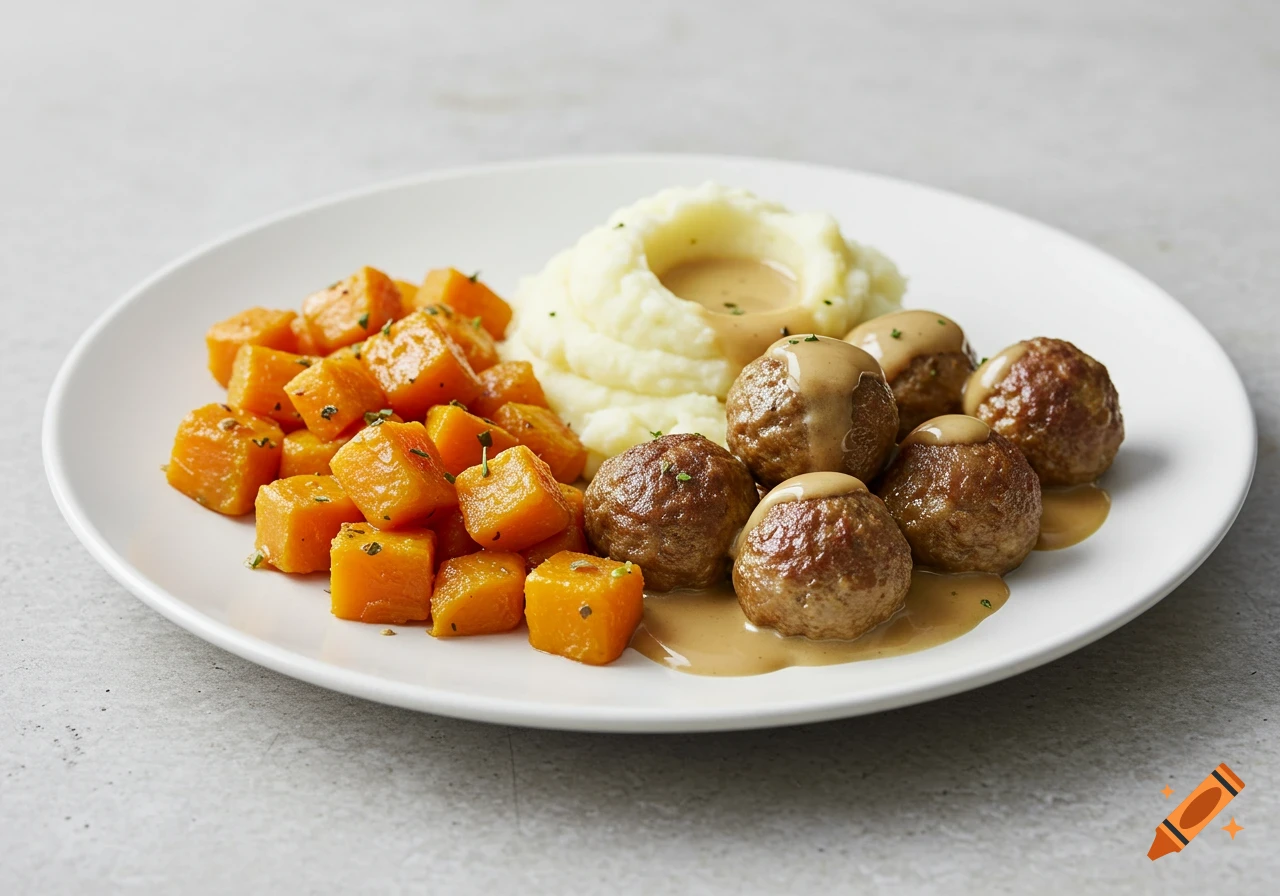 Plate with Swedish meatballs, mashed potatoes, and roasted orange vegetables drizzled with gravy.