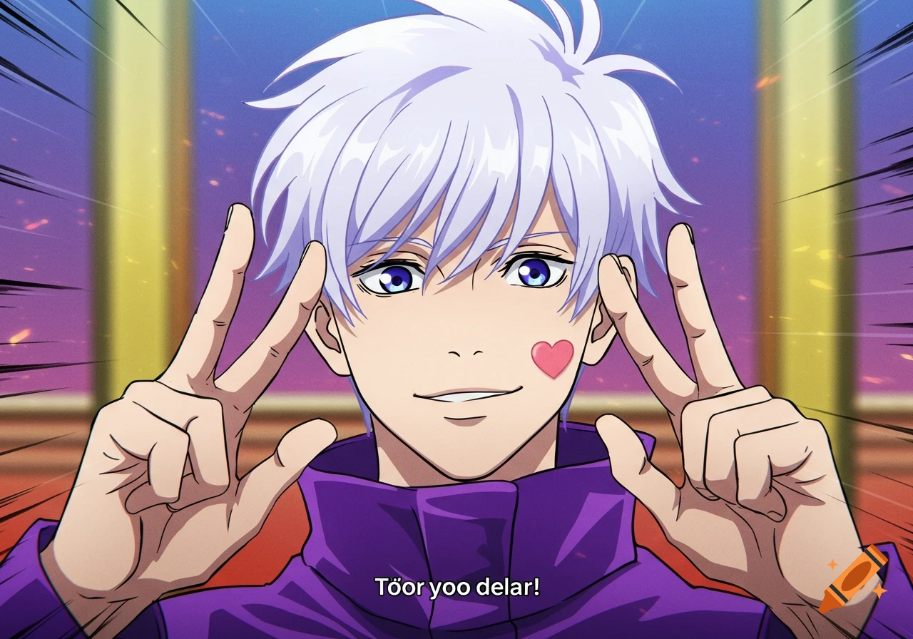 Anime character with a heart on cheek doing peace signs