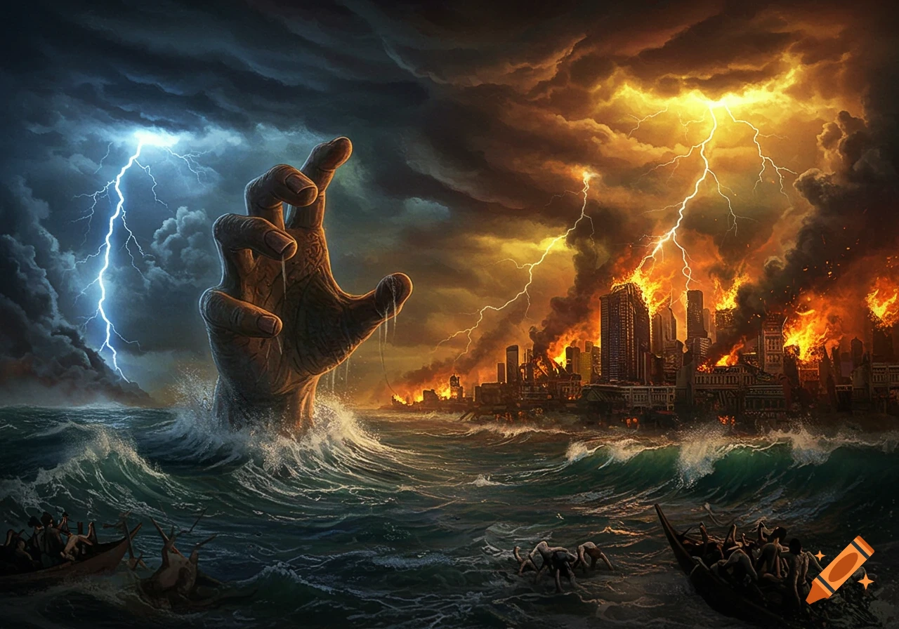 Giant hand rises from stormy sea near burning city as lightning strikes. Boats struggle in waves.