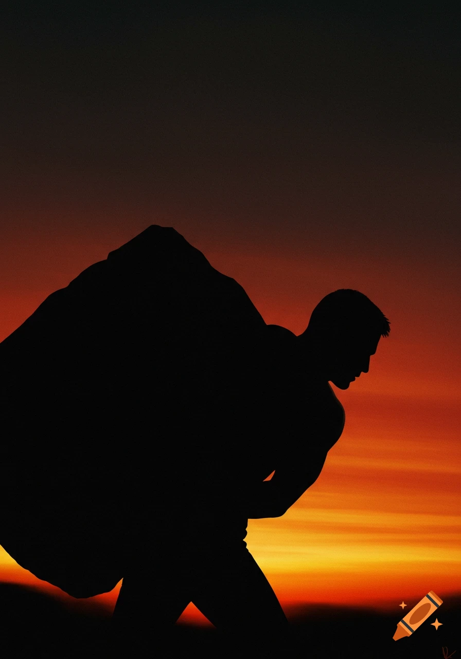 Silhouette of a man carrying a heavy load against a vibrant orange and red sunset.