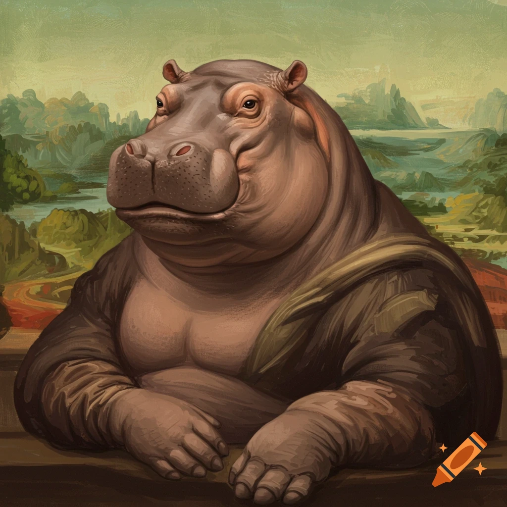 A painting of a hippo dressed as the Mona Lisa, seated with folded hands in front of a landscape.