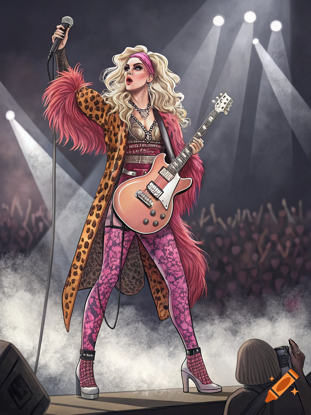 Illustration of a female rock musician on stage, singing into a microphone and holding a guitar, wearing a leopard print coat.