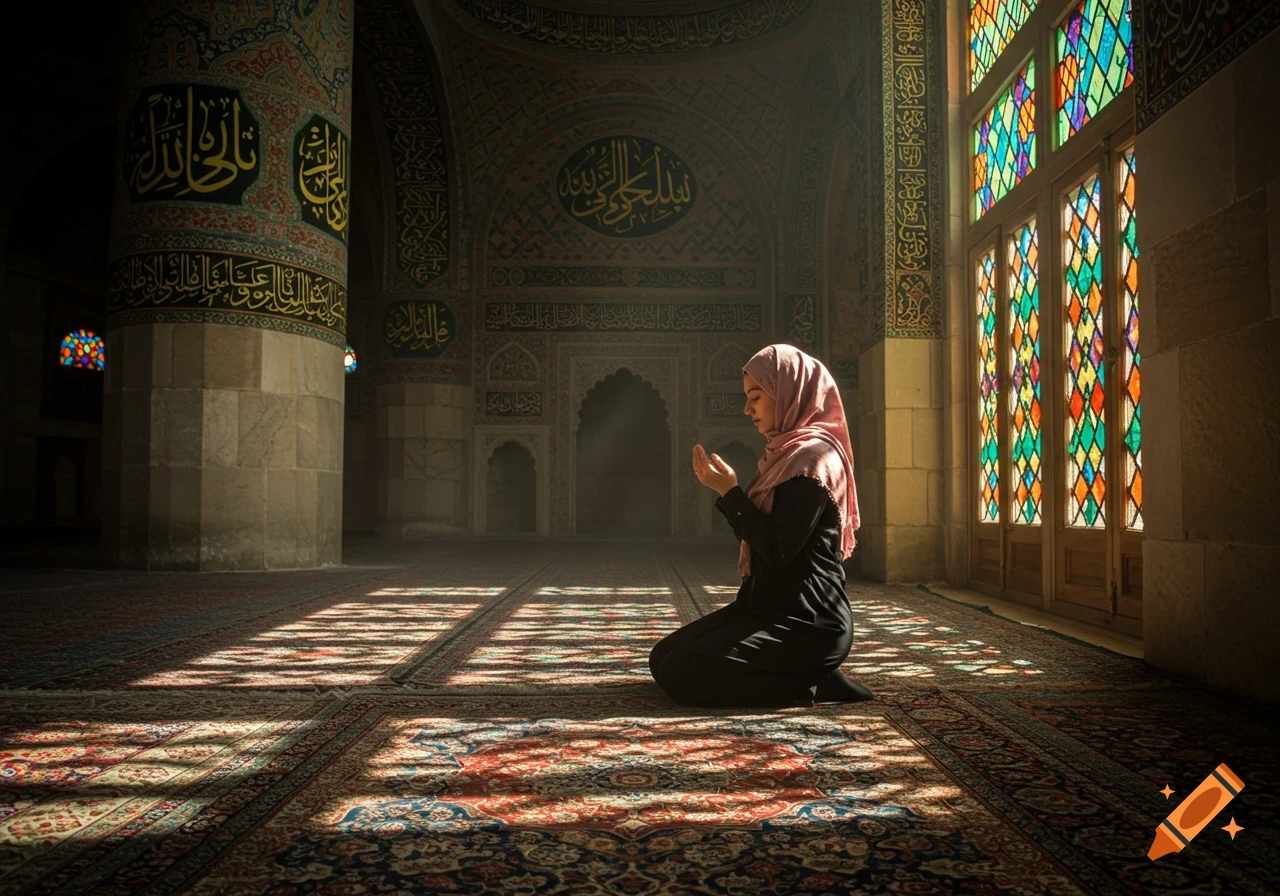 A woman kneels on a prayer rug in a mosque, hands raised in prayer, bathed in sunlight streaming from stained glass windows.