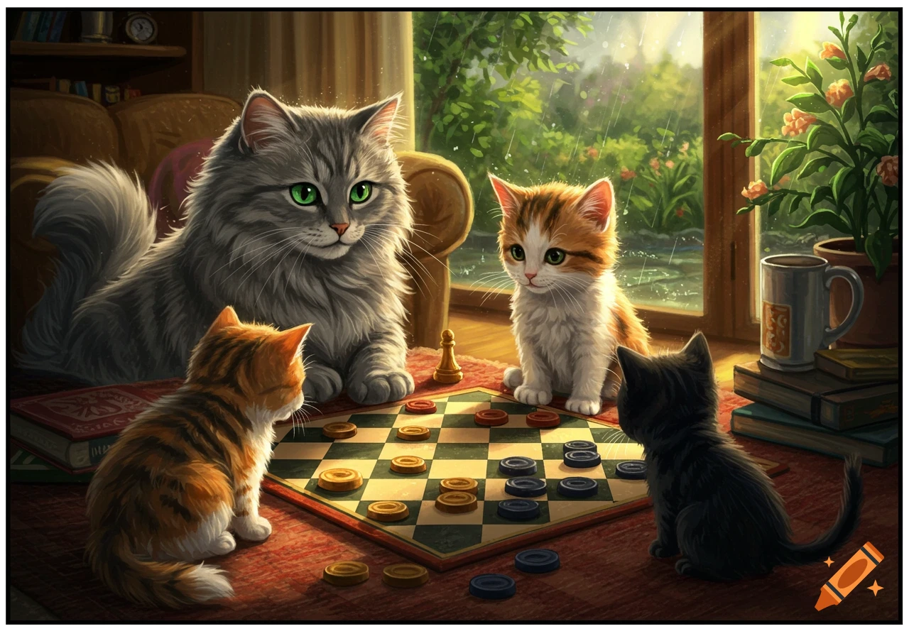 Cats playing a game of checkers by a window on a rainy day.