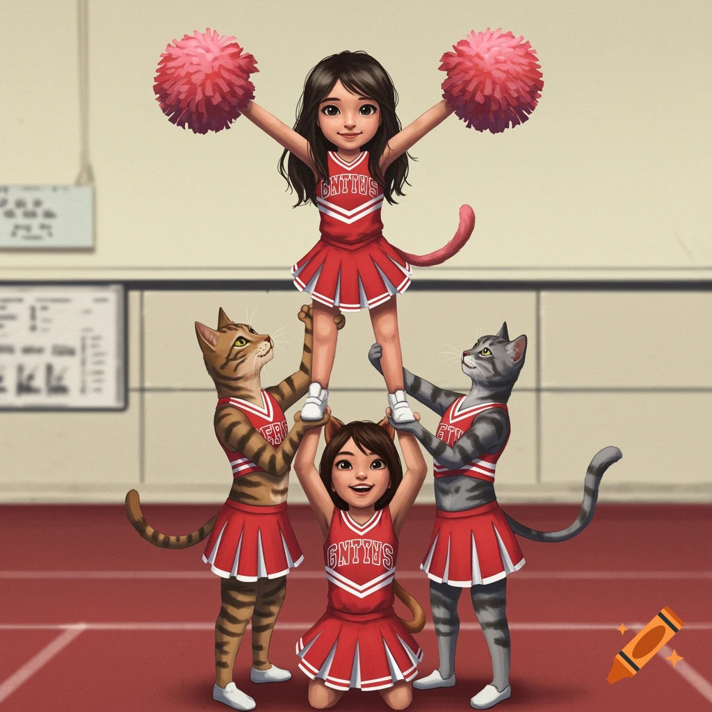 A young girl stands on the shoulders of two cats, forming a cheerleading pyramid. All are dressed in red and white cheerleading outfits.