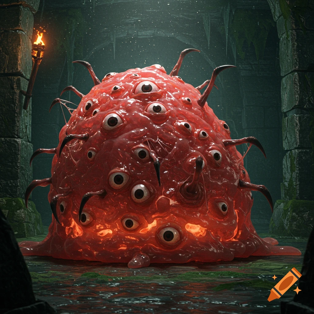 A red, slimy monster covered in numerous eyes and claws sits in a dark, torchlit dungeon.