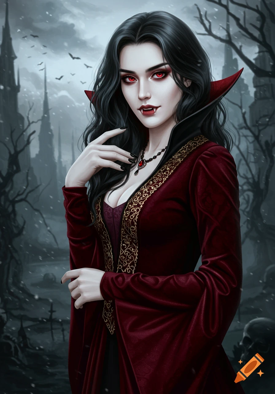 Vampire woman with fangs and red eyes in a dark, snowy gothic landscape