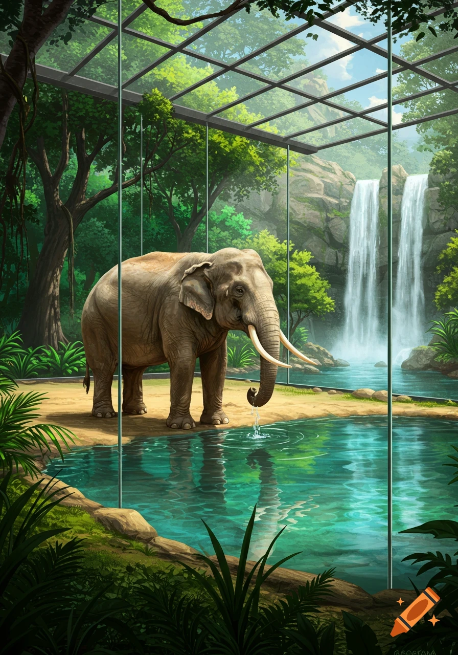 An elephant in a glass exhibit with a waterfall and forest, drinking from a pool.