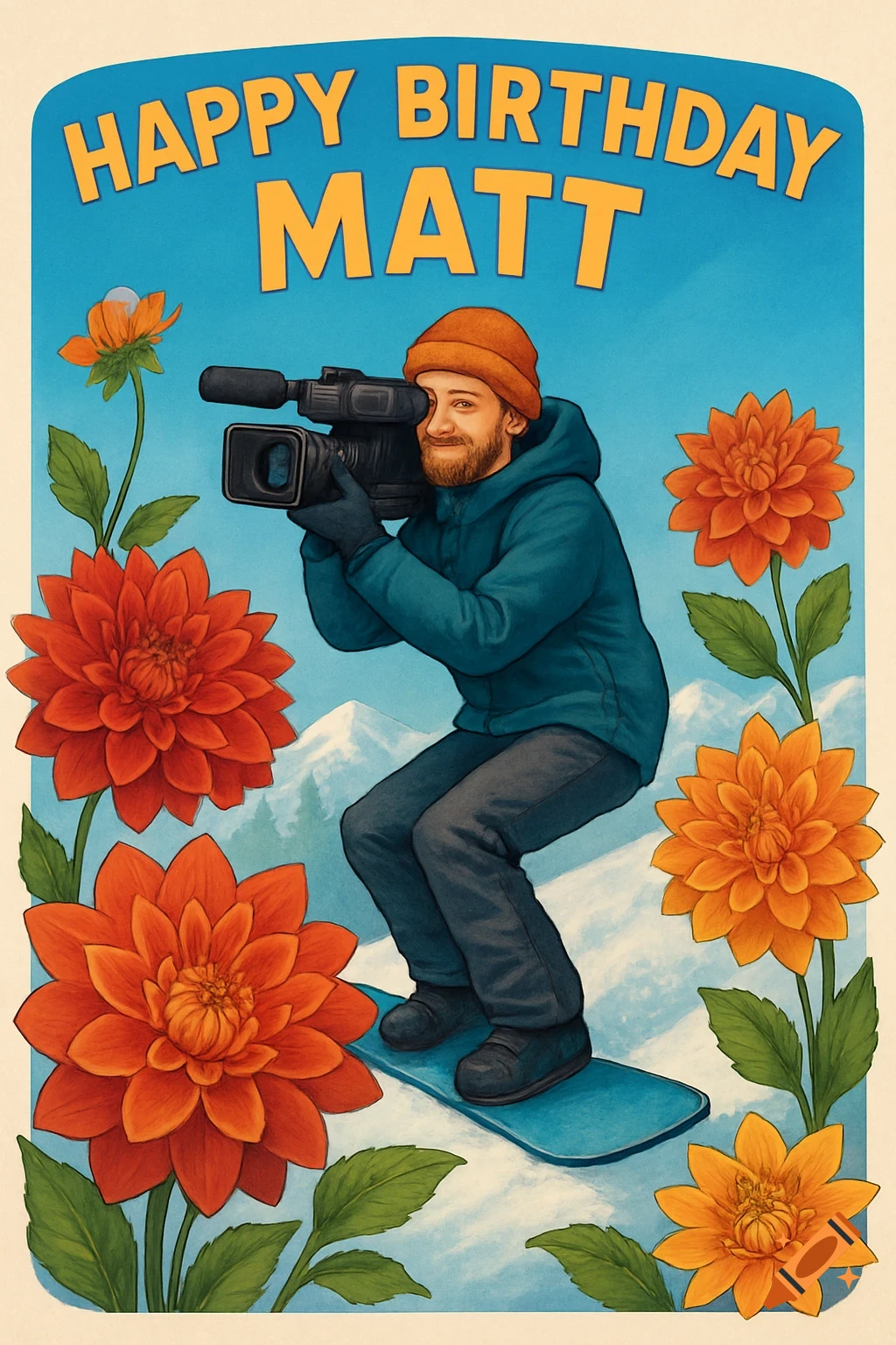 Illustration of a person snowboarding with a video camera, surrounded by large dahlias and mountains. Text says 'Happy Birthday Matt'.