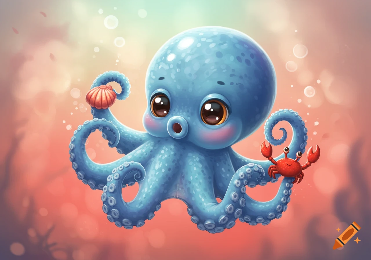 A cute blue cartoon octopus holds a small red crab and a seashell underwater.