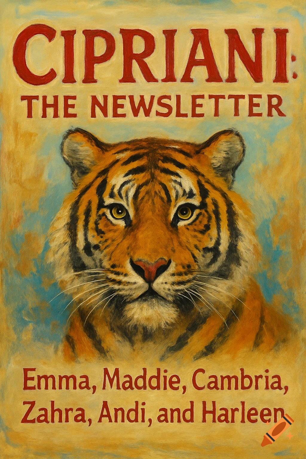Painting of a tiger head with text "Cipriani: The Newsletter" and a list of names at the bottom.