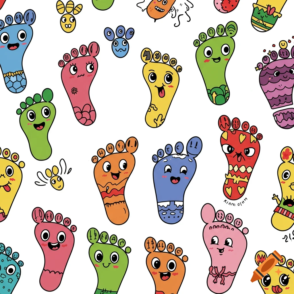 Seamless pattern of colorful cartoon footprints with faces
