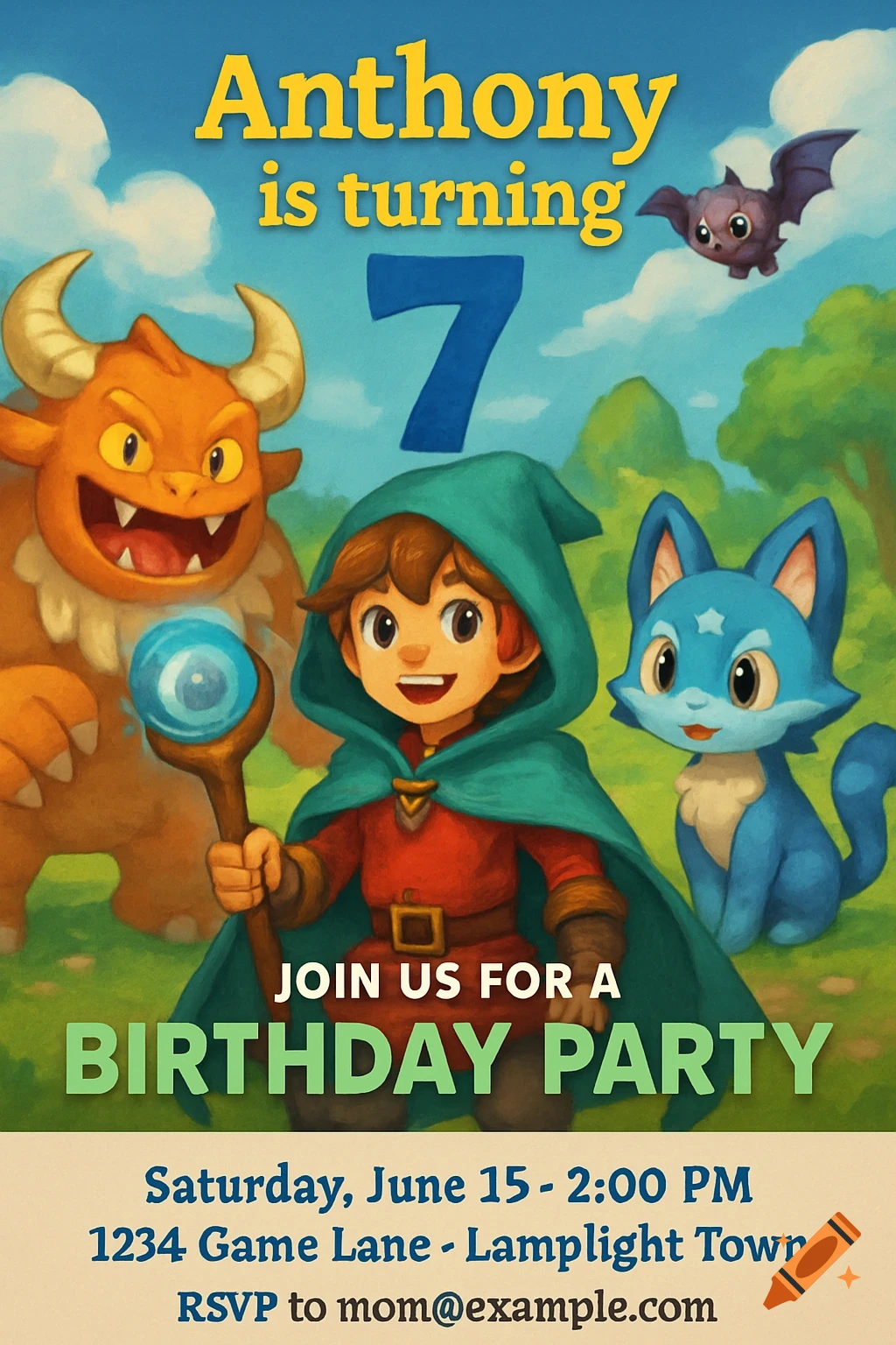Fantasy birthday invitation for Anthony turning 7 with cartoon characters and party details.