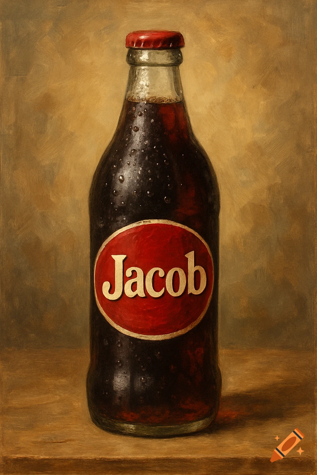 An oil painting of a soda bottle with condensation on a table. The label is red with gold text that reads 'Jacob'.