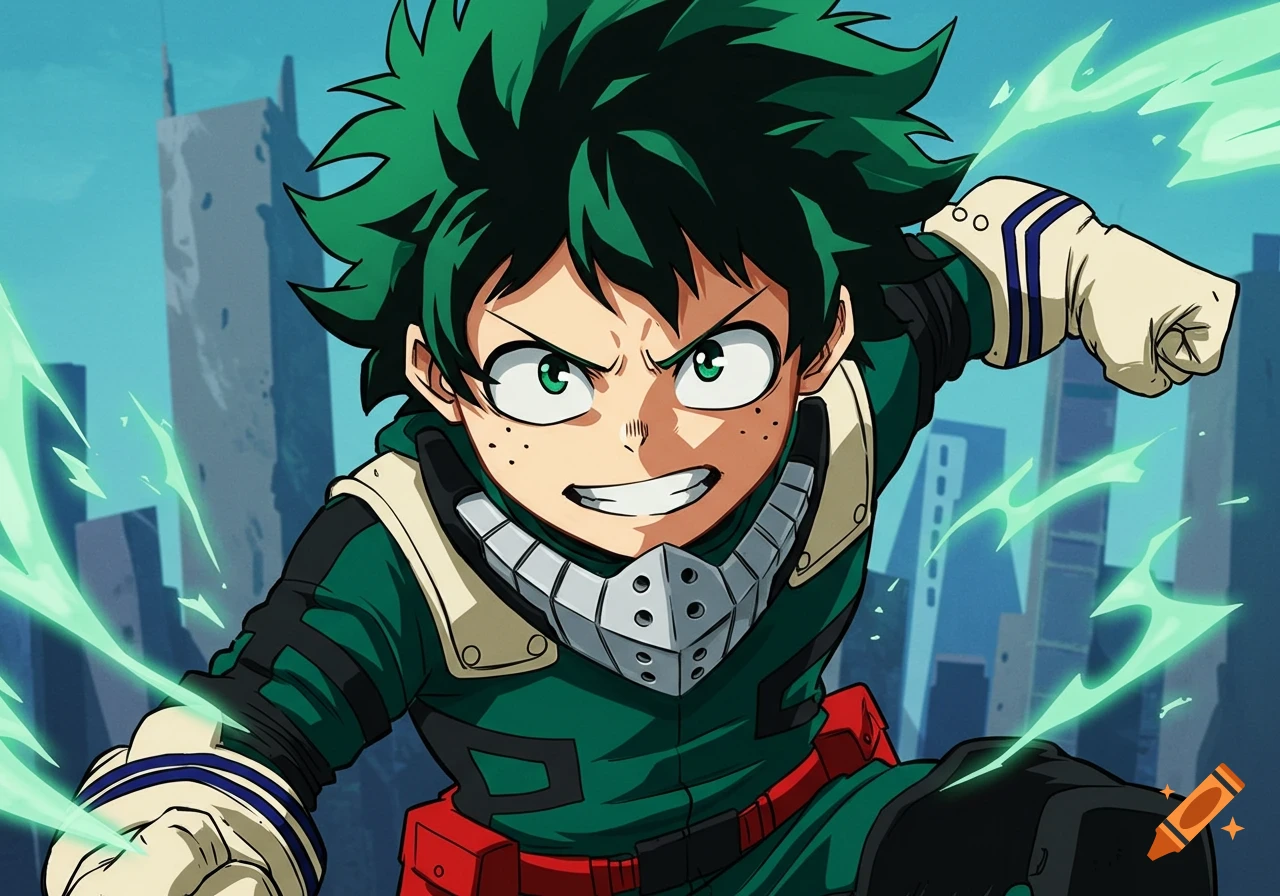 Anime style close-up of Deku from My Hero Academia with green energy effect