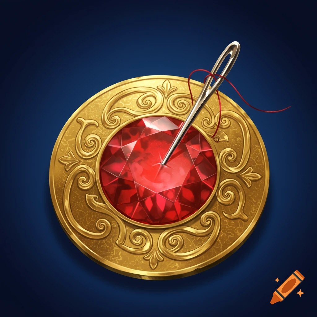 Gold medallion with a large red gem at the center and a sewing needle piercing it.