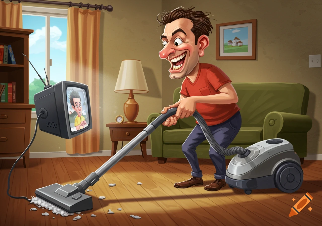 Funny cartoon caricature of a man vacuuming while watching TV on the vacuum handle.
