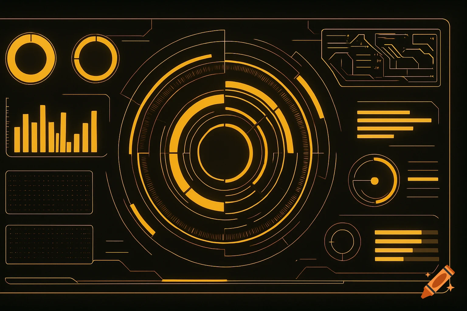 Futuristic heads-up display interface in yellow and black.