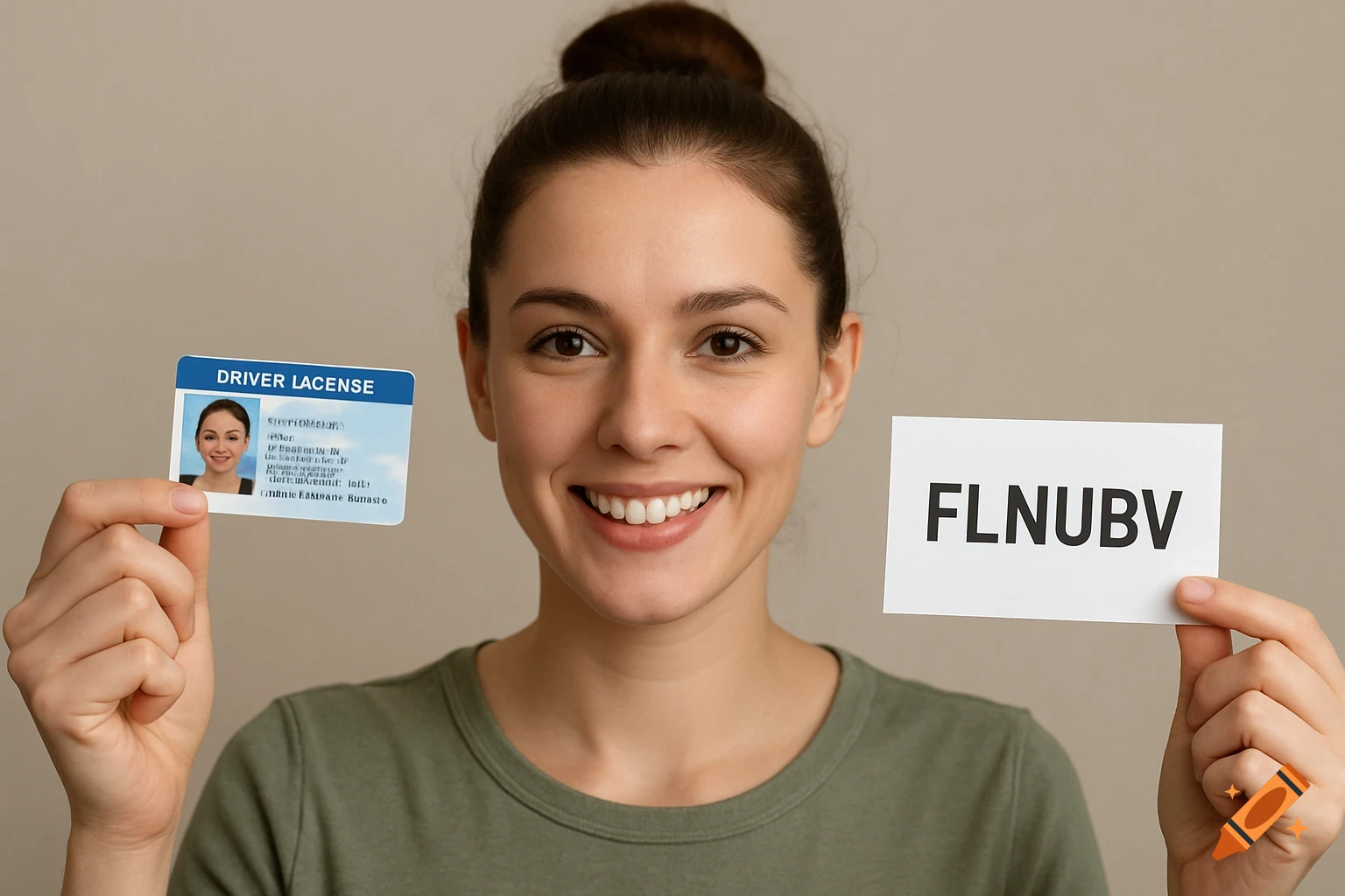 A woman smiles while holding a driver's license in one hand and a piece of paper with the text FLNUBV in the other.