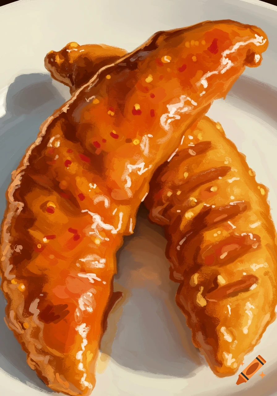 Two orange glazed chicken tender strips on a white plate