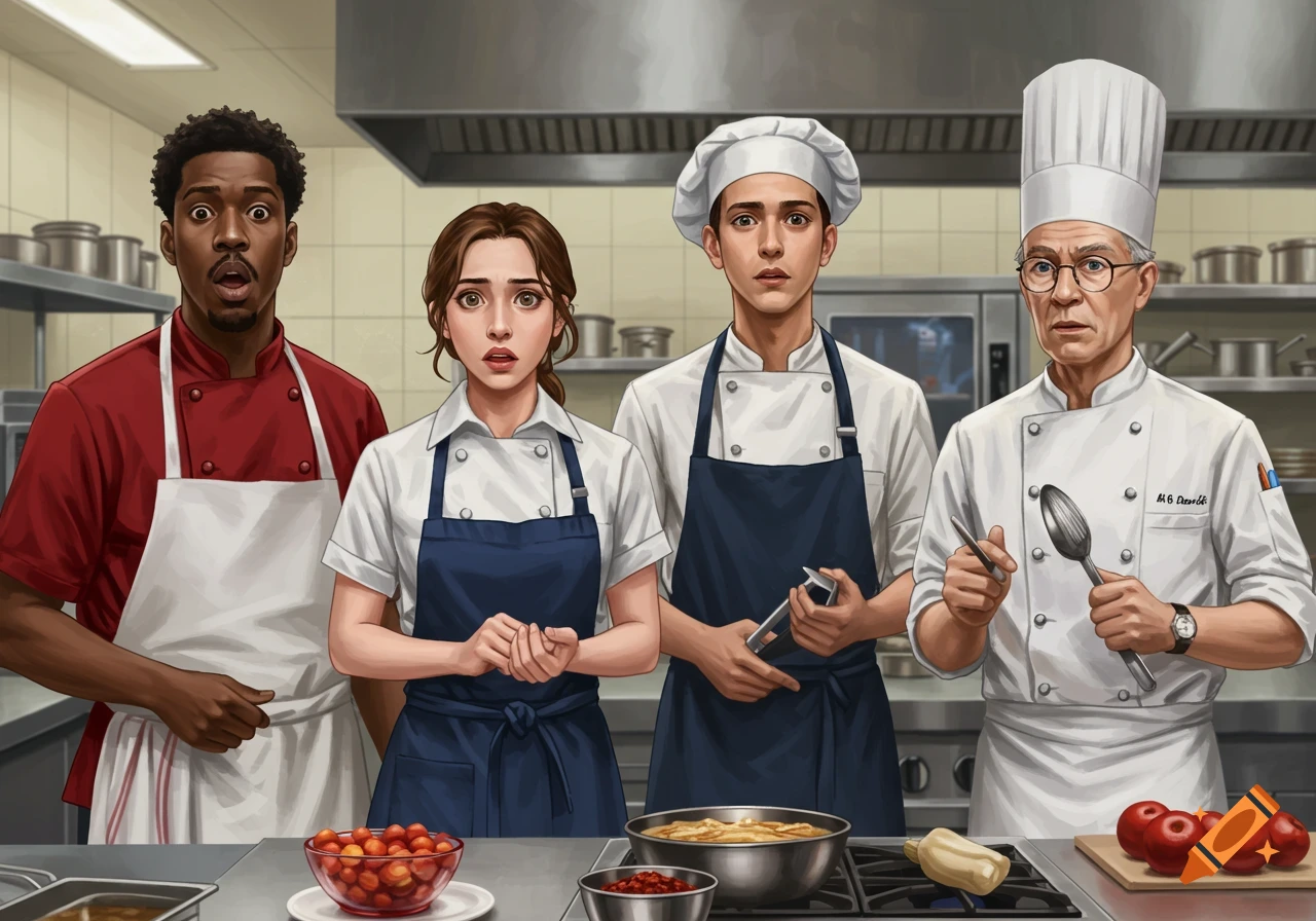 Four chefs in a kitchen look surprised or stressed.