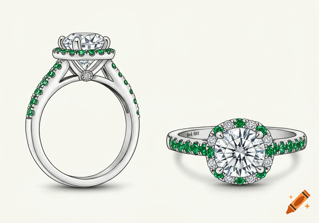 Illustration of a white gold engagement ring with a large diamond, secret emerald halo, and emeralds and diamonds on the band, shown from front and side.