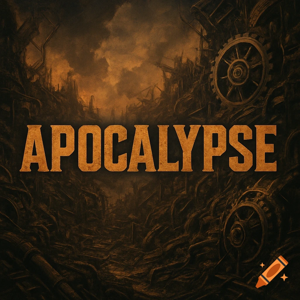 The word APOCALYPSE in orange text over a dark, mechanical dystopian background.