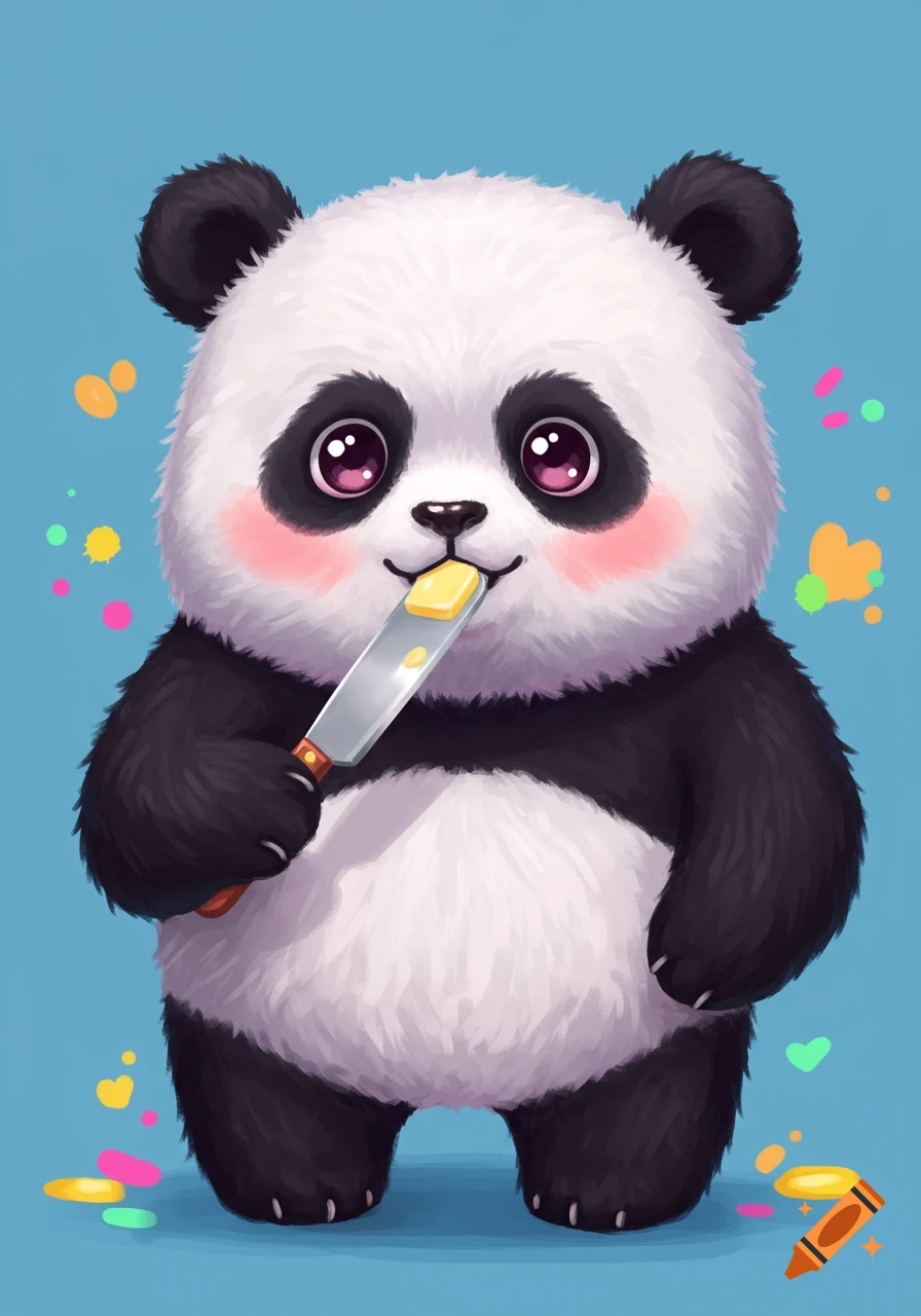 Cute cartoon panda eating butter off a knife on a blue background.