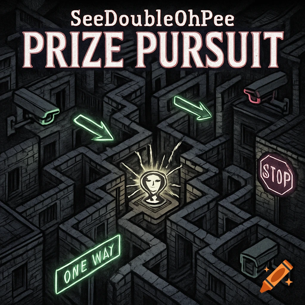 Stylized graphic novel art of an urban maze with glowing arrows, CCTV, neon signs, a central figure, and title text.