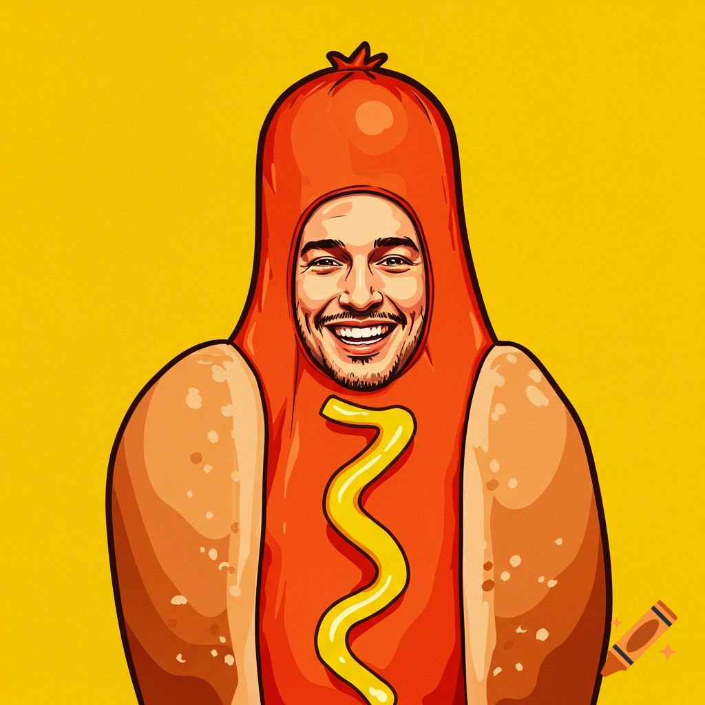 Stylized illustration of a smiling person wearing a hot dog costume with yellow mustard on a yellow background.