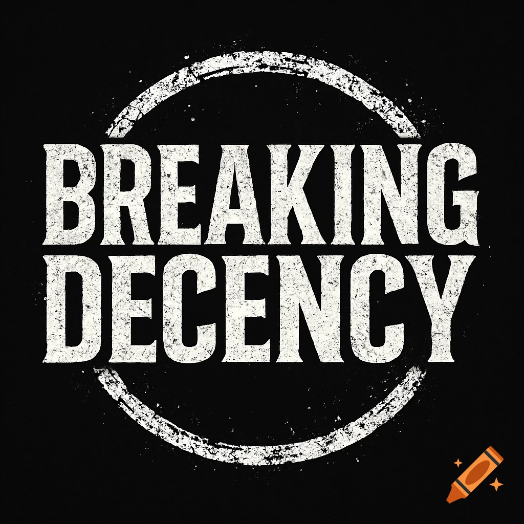 Logo with white text "Breaking Decency" in two lines inside a distressed white circle on a black background.