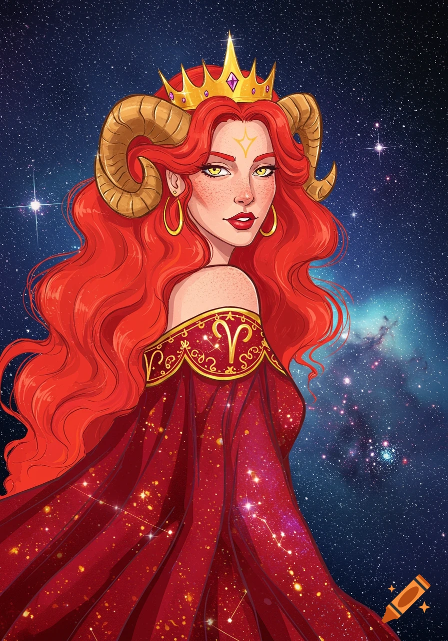 Illustration of the Aries zodiac sign as a queen with ram horns, a crown, and a starry red dress against a cosmic background.