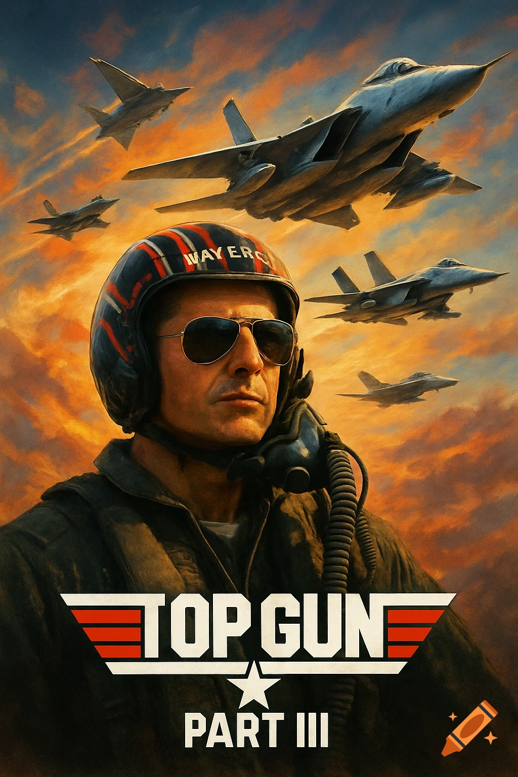 Poster for Top Gun Part III featuring a pilot in a helmet looking forward, with fighter jets flying in the sky behind him.